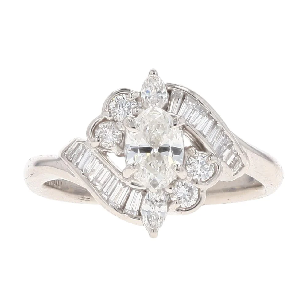 1.00 Ct Platinum Round, Baguette, And Oval Center Diamond Engagement Ring