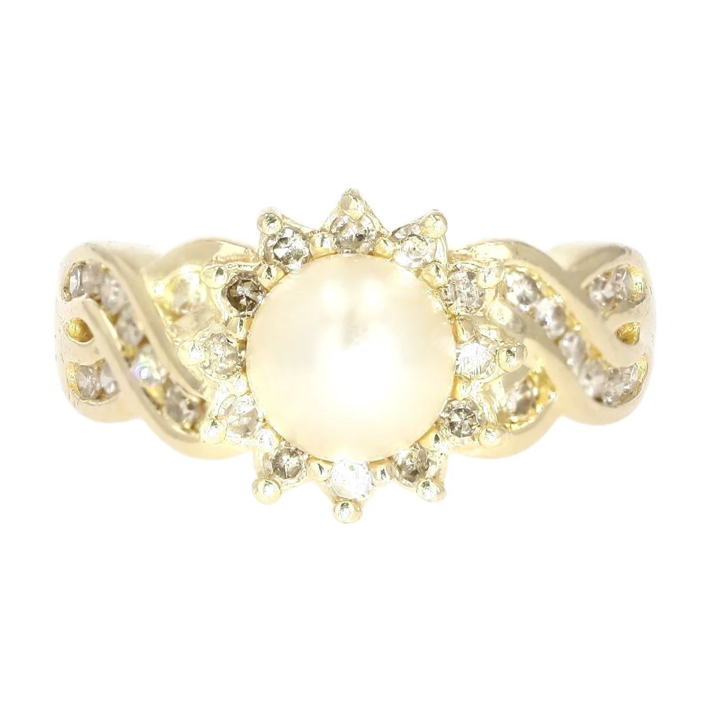14K Gold Cultured Pearl With Round Diamond Halo And Shank Cocktail Ring