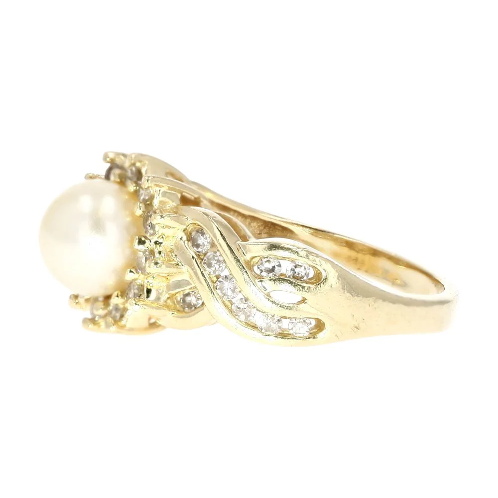 14K Gold Cultured Pearl With Round Diamond Halo And Shank Cocktail Ring - Image 2