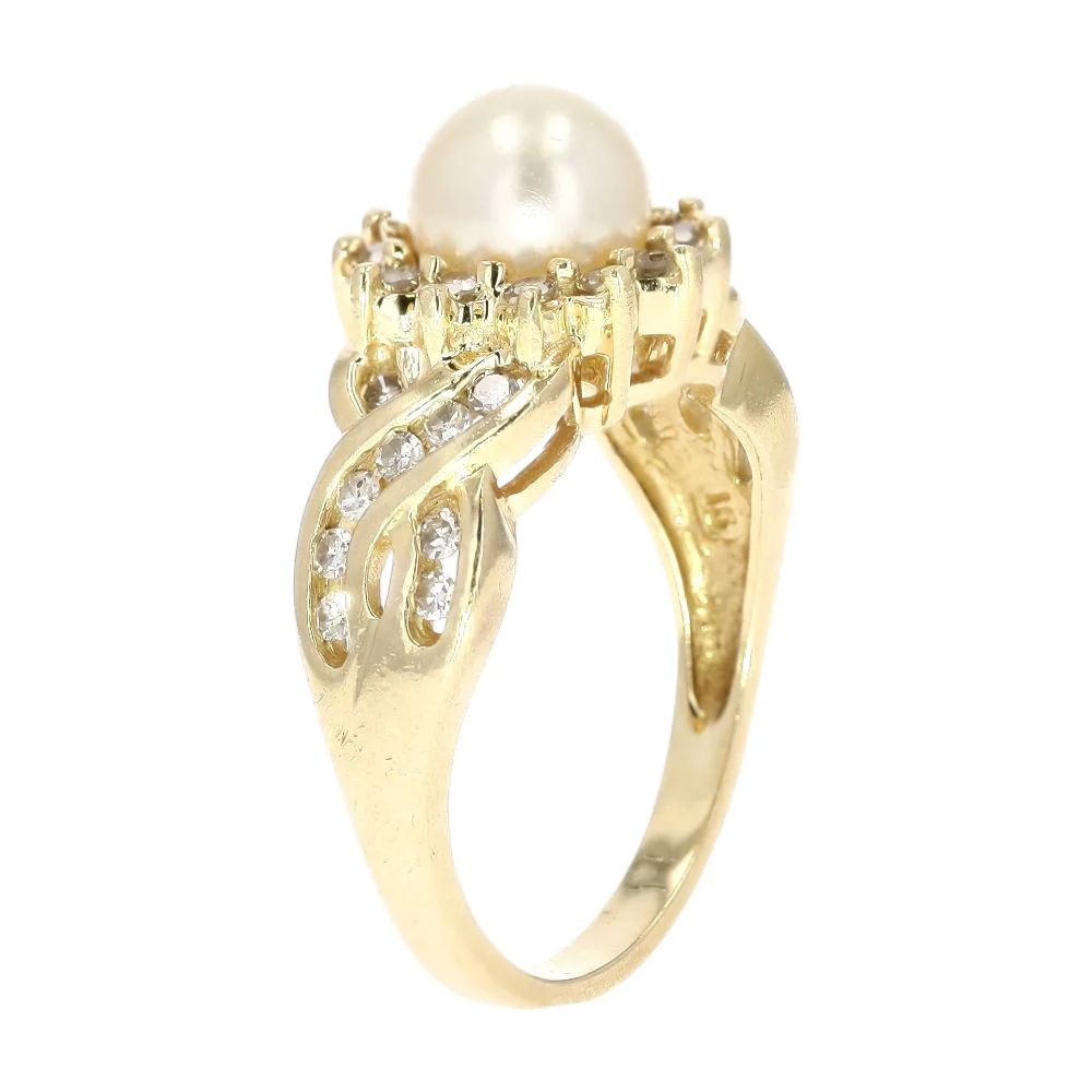 14K Gold Cultured Pearl With Round Diamond Halo And Shank Cocktail Ring - Image 5