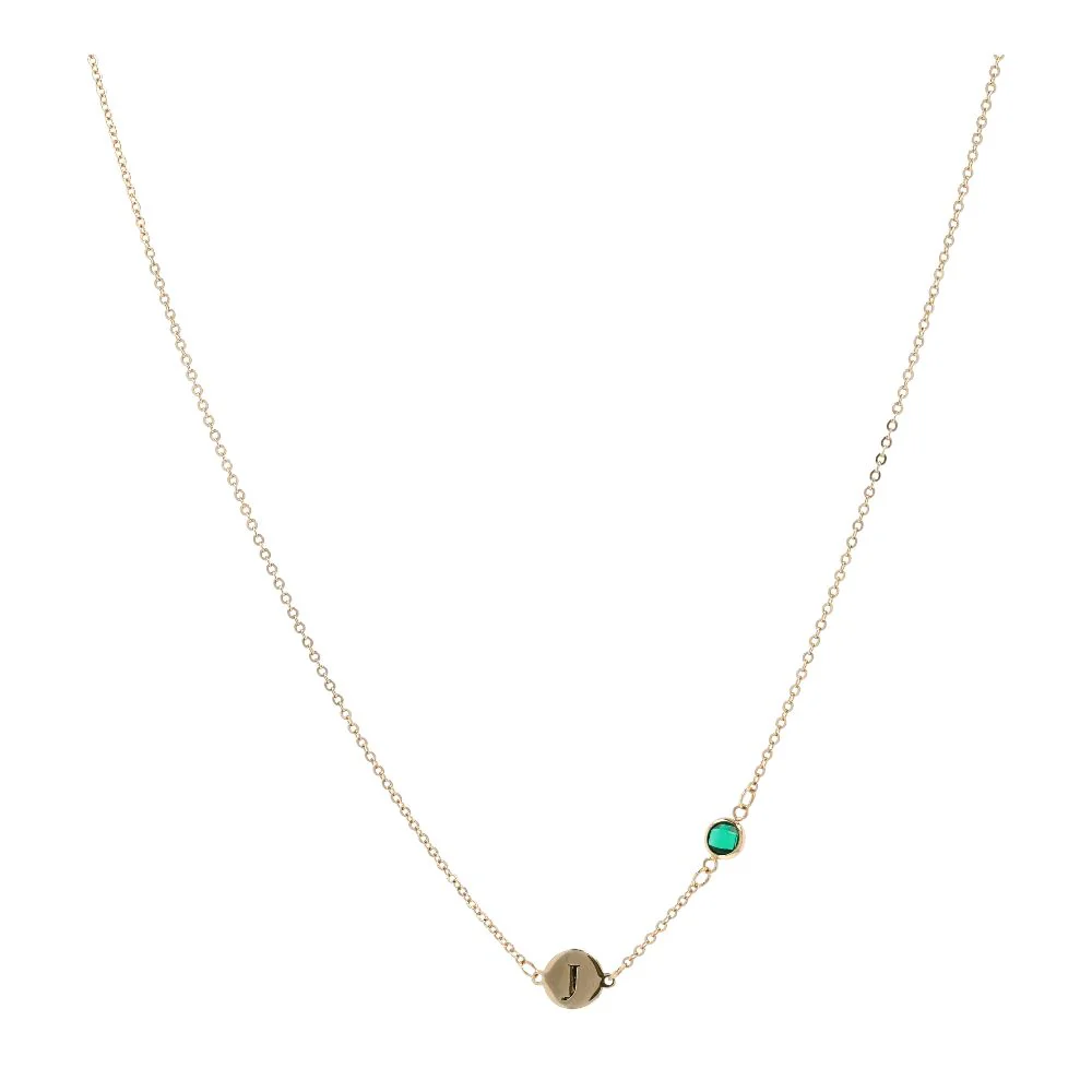 14K Gold Stationed Initial J And Green Stone On Chain Necklace