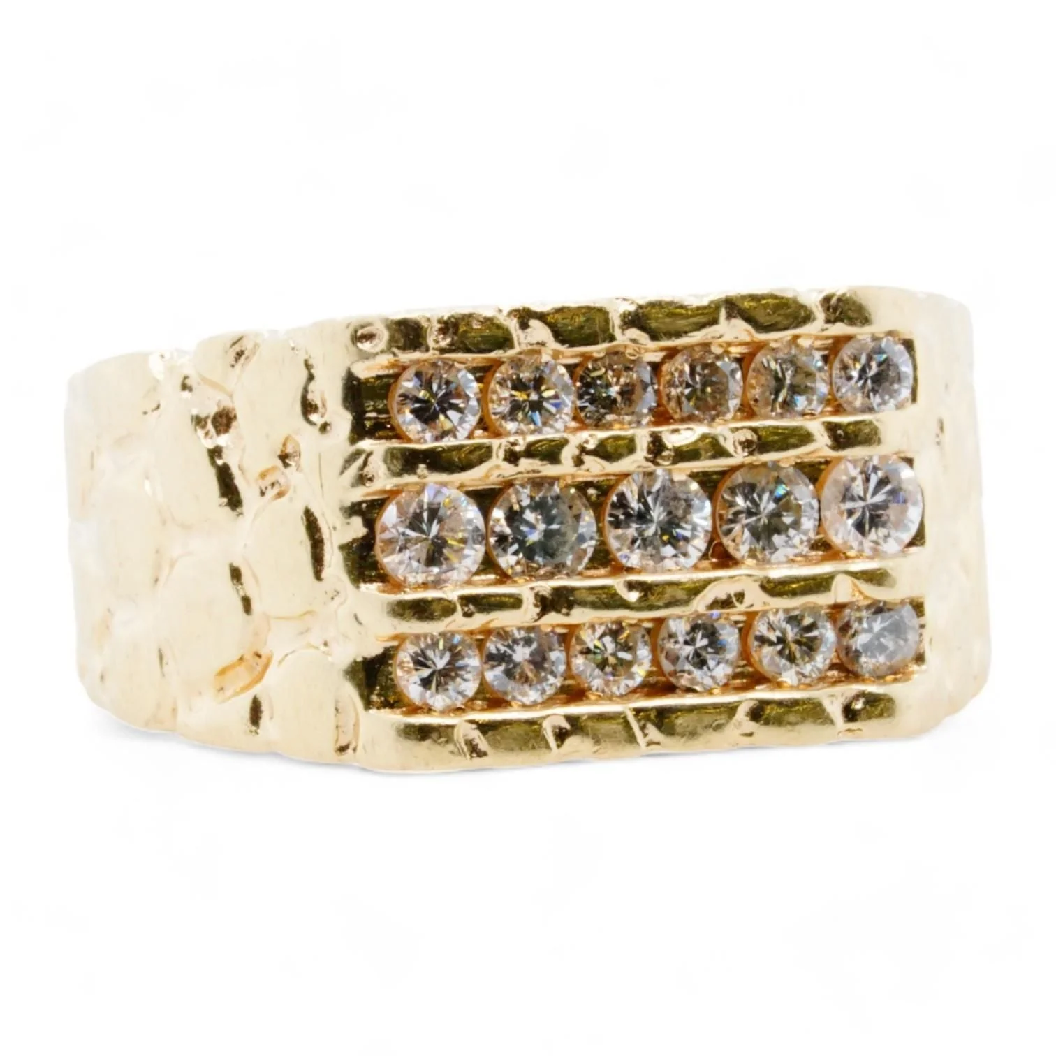 14K Gold Three Diamond Row Nugget Style Band - Image 2