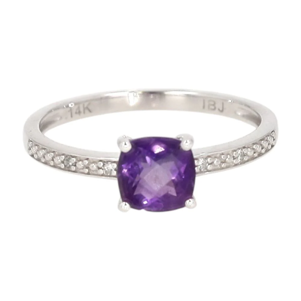 14K White Gold Amethyst Center With Diamond Accents Ring