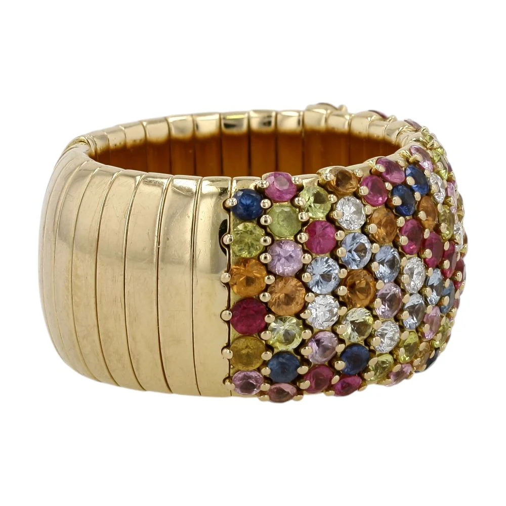 18K Rose Gold Multicolor Sapphires With Round Diamonds Wide Stretch Band - Image 4
