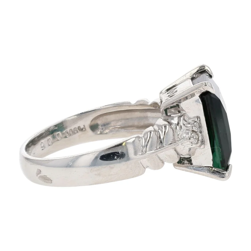 3.60 Ct Platinum Pixel Cut Green Tourmaline With Diamond Accents Cocktail Ring - Image 4