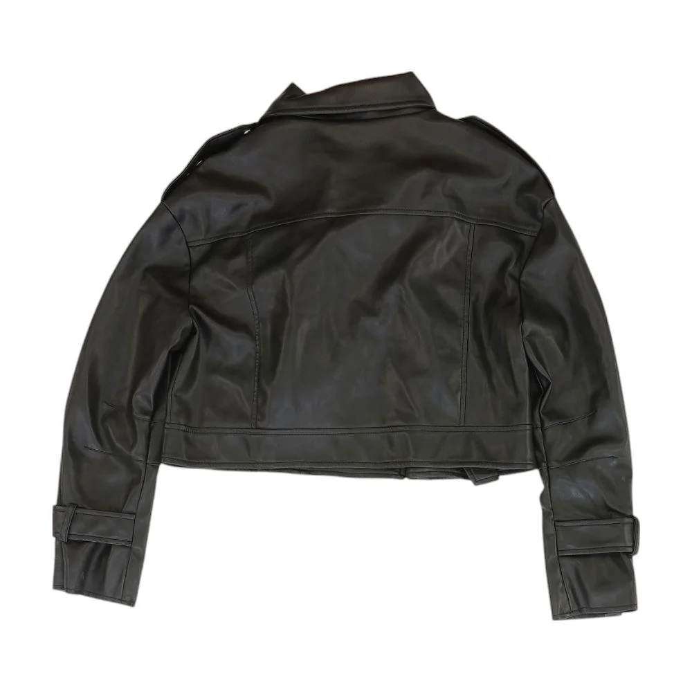 Black Solid Faux Leather Jacket - Image 2