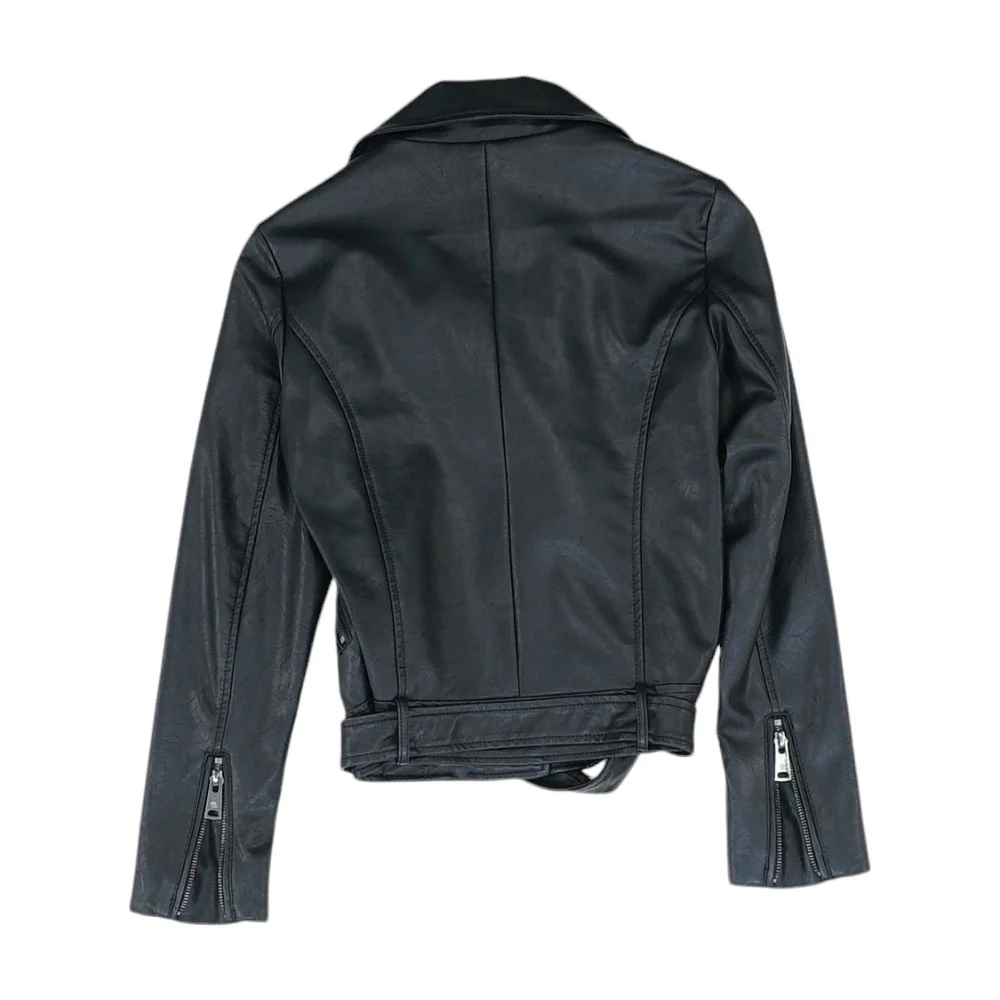 Black Solid Faux Leather Jacket - Image 2