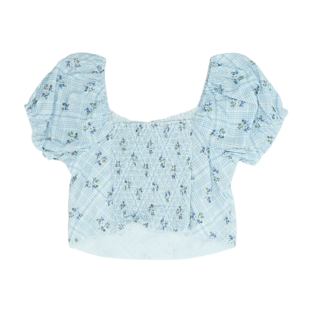 Blue Plaid Cropped Blouse - Image 2