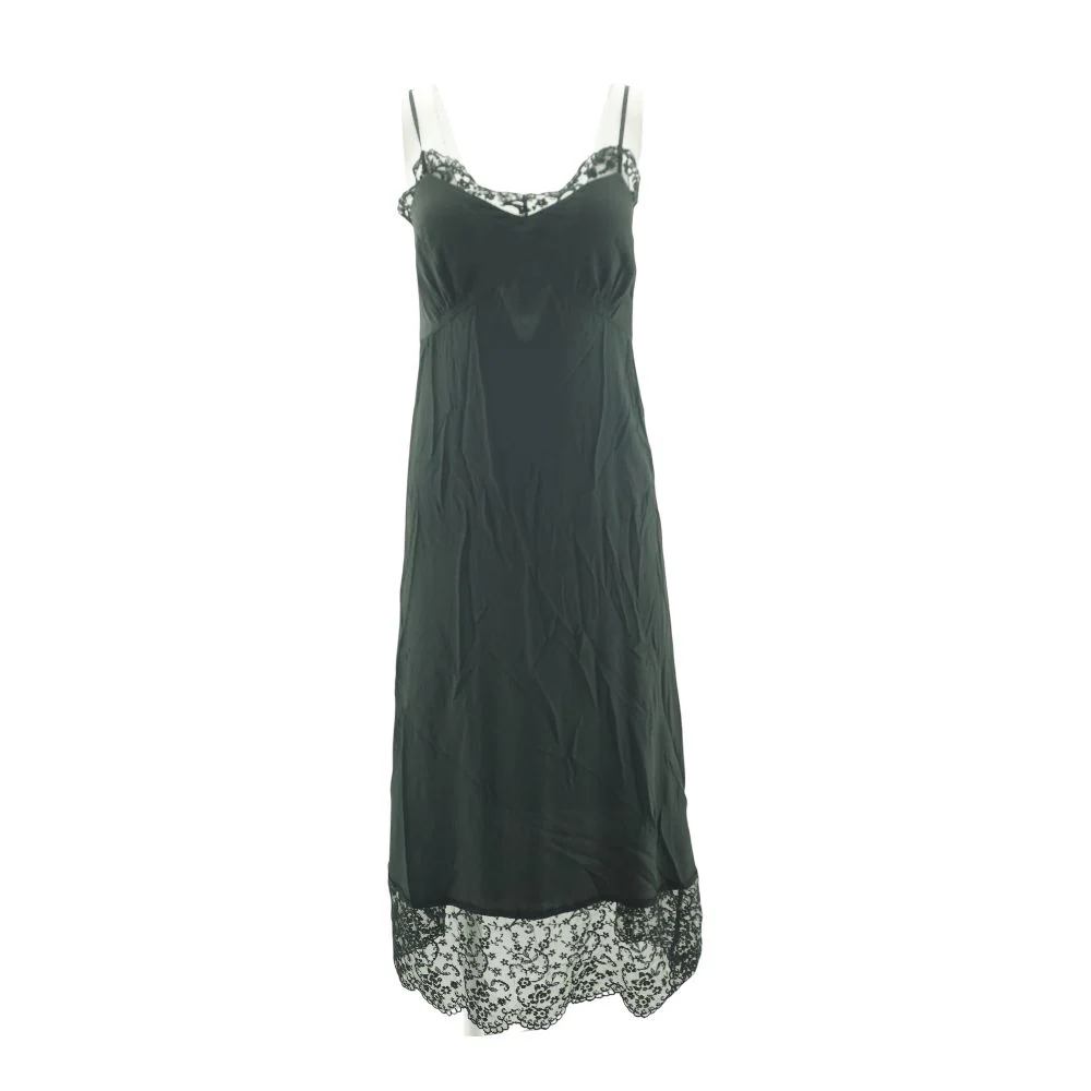 Floral Lace-Trim Black Slip Dress
