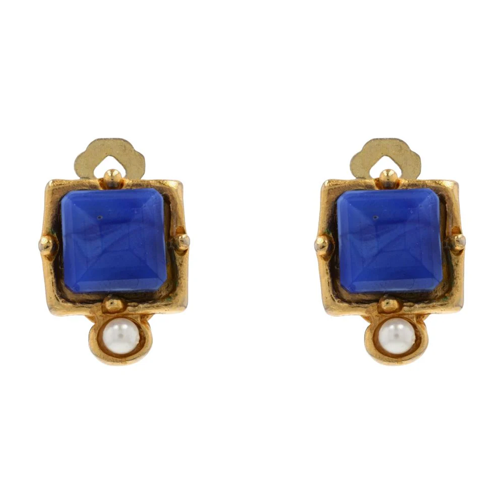 Gold Tone Blue Crystal And Faux Pearl London Clip On Earrings