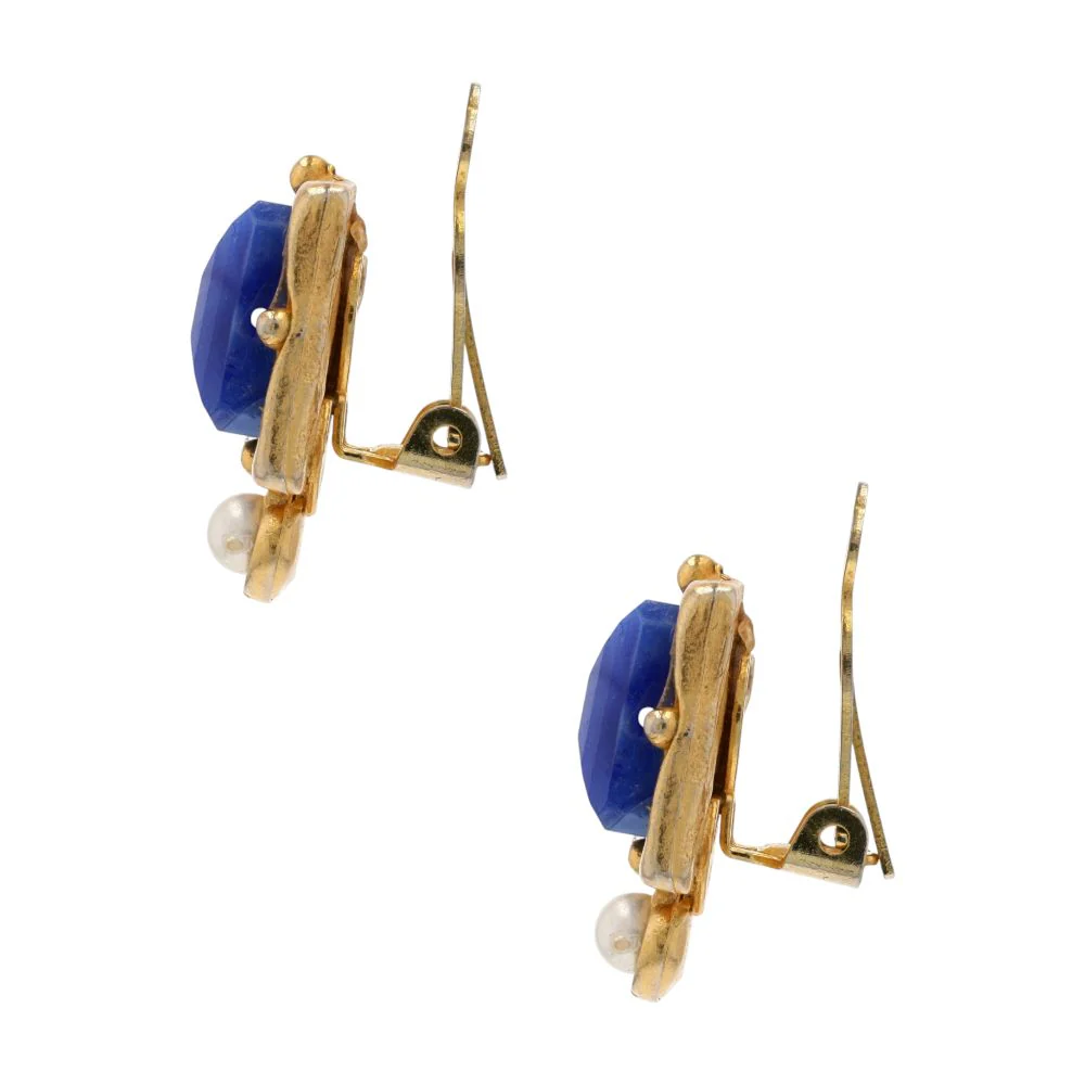 Gold Tone Blue Crystal And Faux Pearl London Clip On Earrings - Image 2