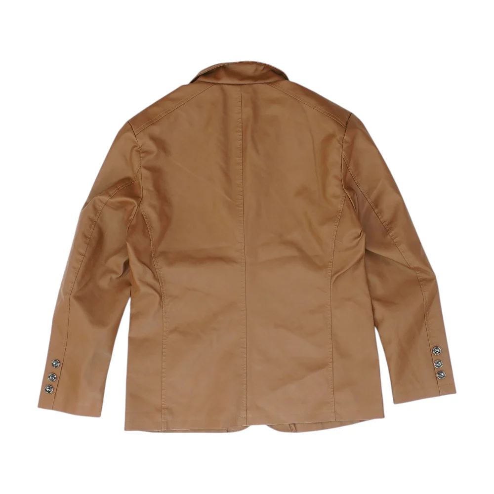 Brown Solid Leather Coat - Image 2