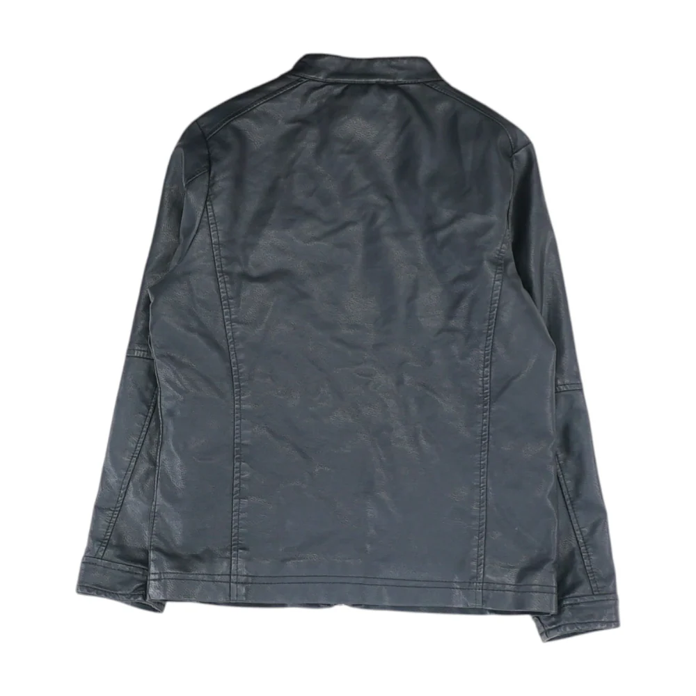 Black Solid Leather Jacket - Image 2