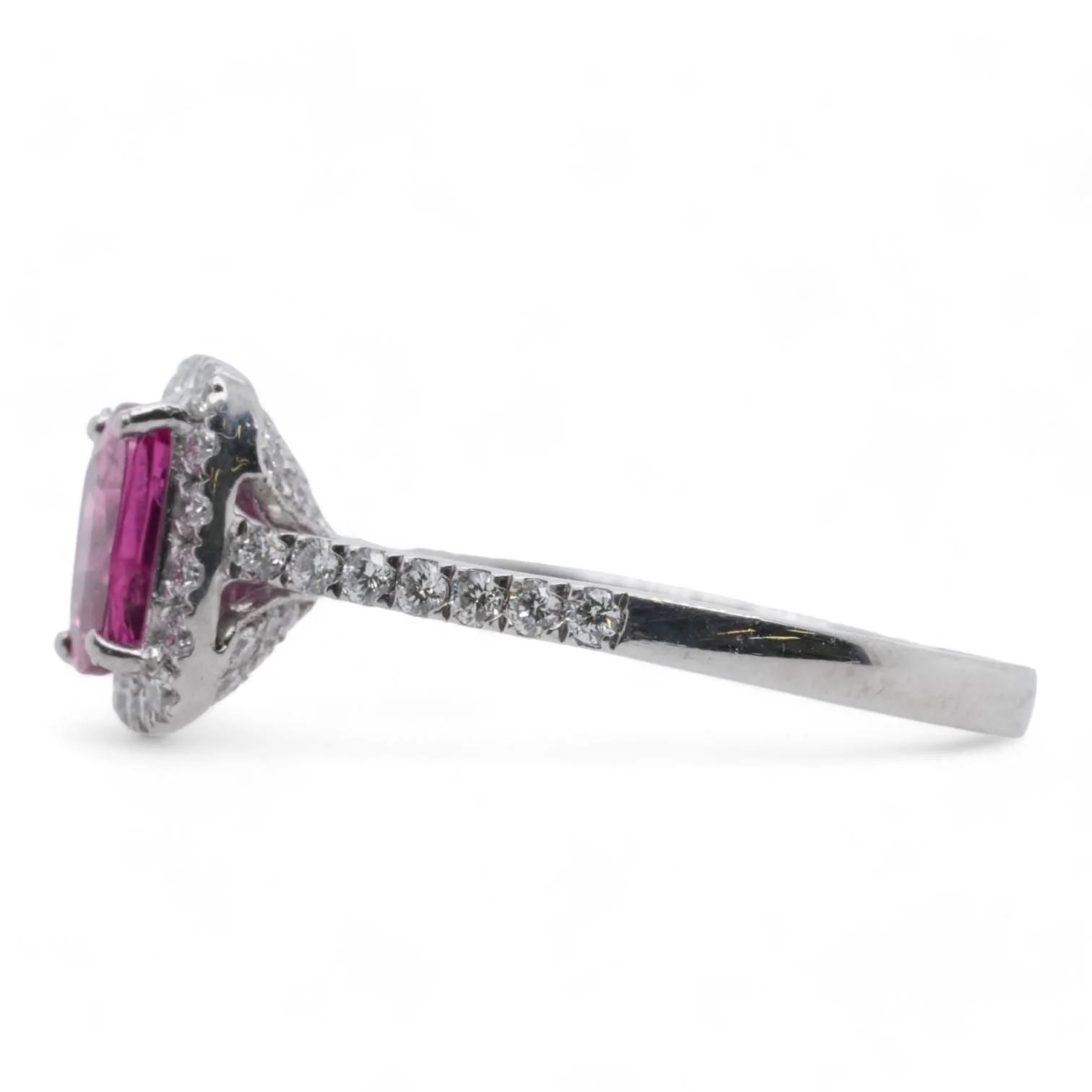 Platinum Four Prong Set Oval Natural Untreated Ruby With Diamond Halo Ring - Image 3