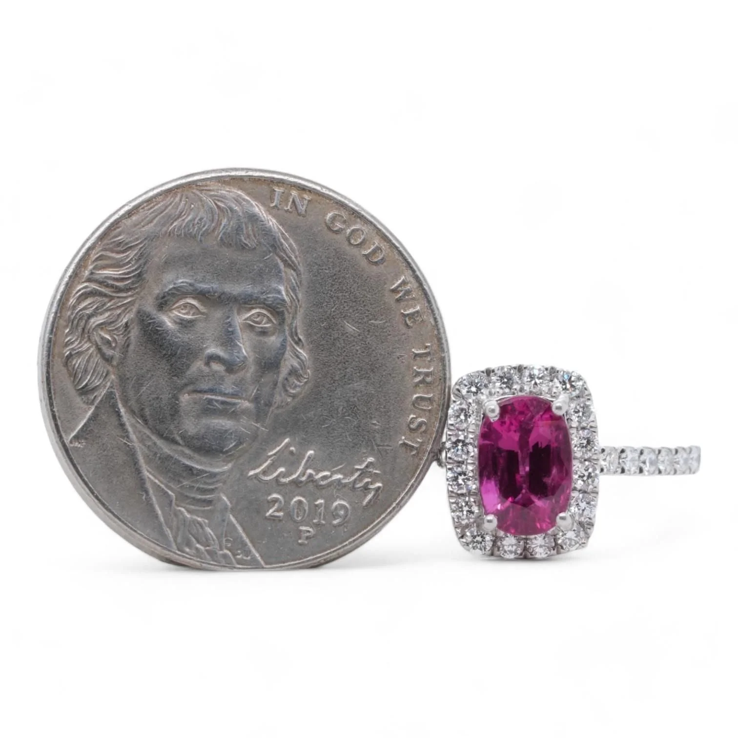 Platinum Four Prong Set Oval Natural Untreated Ruby With Diamond Halo Ring - Image 4